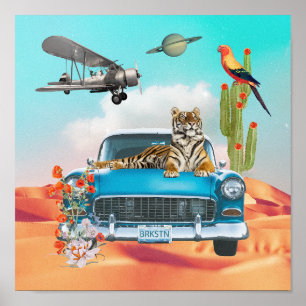 Tiger Retro Car Wüste Kaktus Surreal Collage Canv Poster