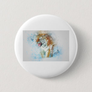 Tiger Roar Animal Art Abstrakte Wasserfarbe Vintag Button
