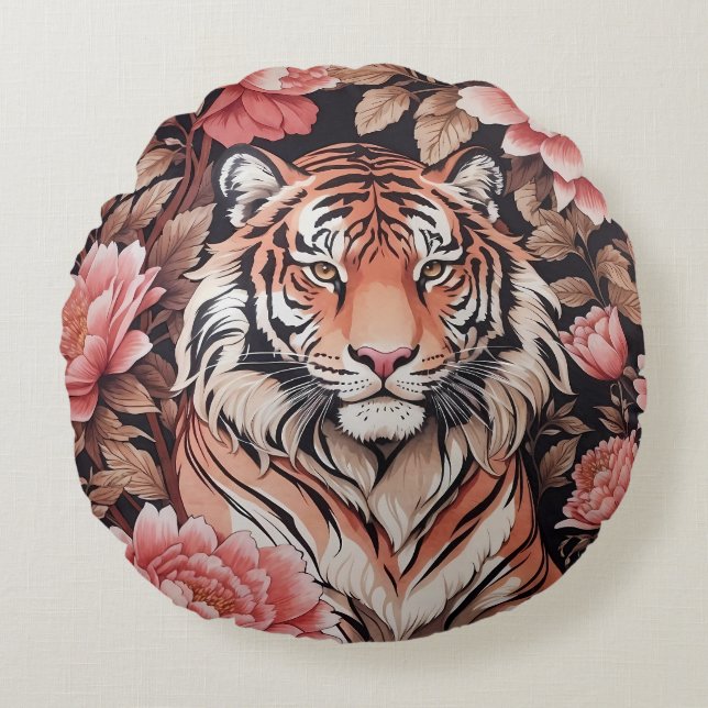 Tiger-Rosa-Blume Rundes Kissen (Vorderseite)
