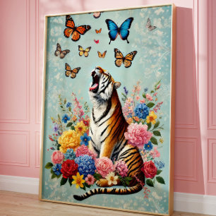Tiger & Schmetterlinge Florale Whimsical Wandkunst Poster
