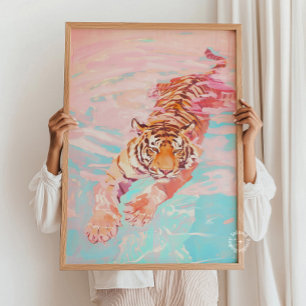 Tiger Schwimmen Pastellfarben Malerei - Kinderzimm Poster