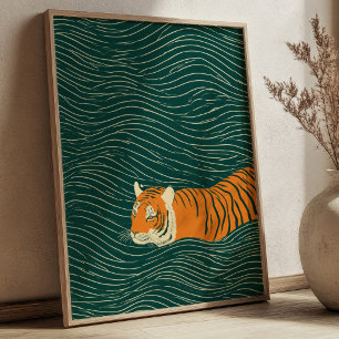 Tiger Schwimmt Durch Grüne Wellen Zen-Wandkunst Poster