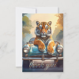 Tiger sitting on a sports car  dankeskarte