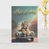 Tiger sitzend auf einem Sportwagen Glückwunsch Geb Karte (Gelbe Blume)
