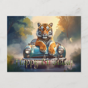 Tiger sitzt auf einem Sportwagen Alles Gute zum Ge Postkarte
