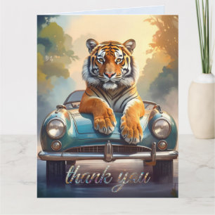 Tiger sitzt auf einem Sportwagen Dankeskarte
