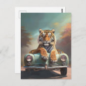 Tiger sitzt auf einem Vintagen Sportwagen Postkarte (Vorne/Hinten)