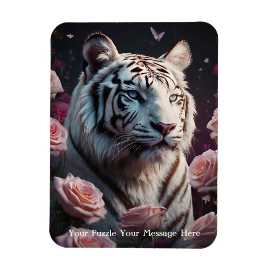 Tiger sitzt in einem rosa Rosengarten Magnet (Vertikal)