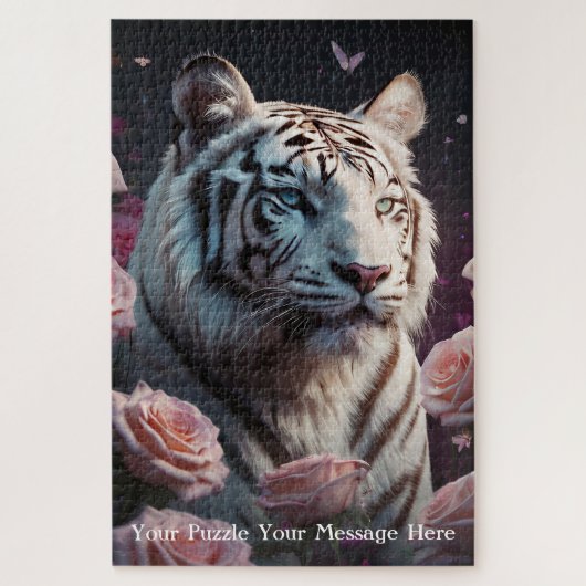 Tiger sitzt in einem rosa Rosengarten Puzzle (Vertikal)