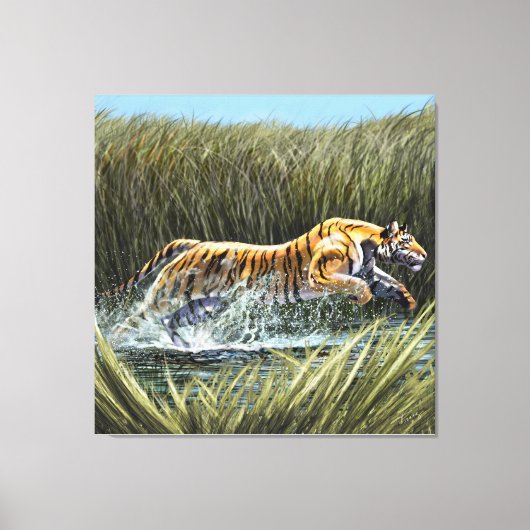 Tiger Splashing durch den Sumpf Triptych Acrylic Leinwanddruck (Vorderseite)