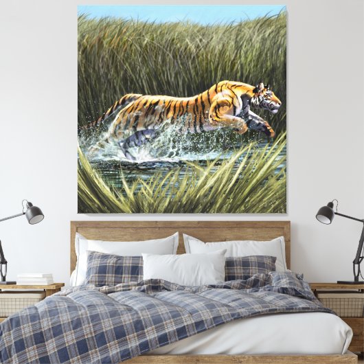 Tiger Splashing durch den Sumpf Triptych Acrylic Leinwanddruck (Insitu (Schlafzimmer))