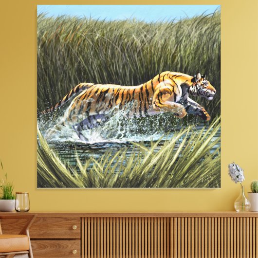 Tiger Splashing durch den Sumpf Triptych Acrylic Leinwanddruck (Insitu (Wohnzimmer))