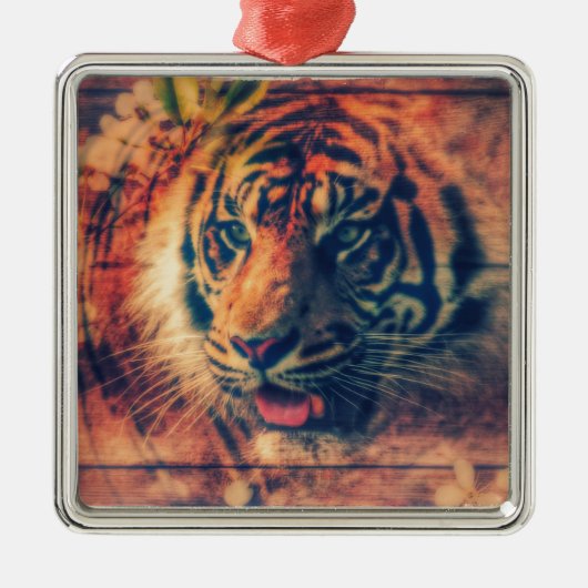 Tiger Spring Imitate Wood Grunge Silbernes Ornament (Vorne)