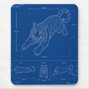 Tiger-Sprung-Blueprint – Technisches Linienkunstpl Mousepad