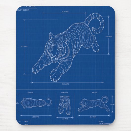 Tiger-Sprung-Blueprint – Technisches Linienkunstpl Mousepad (Vorne)