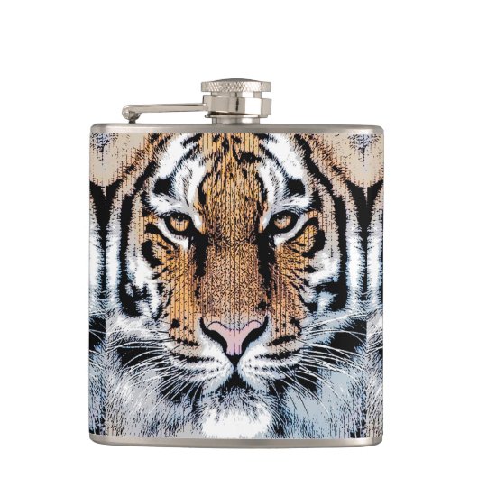 Tiger Streifen Portrait in Grafik-Press-Stil Flachmann (Vorderseite)