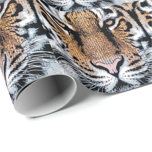 Tiger Streifen Portrait in Grafik-Press-Stil Geschenkpapier (Rolleneckpunkt)