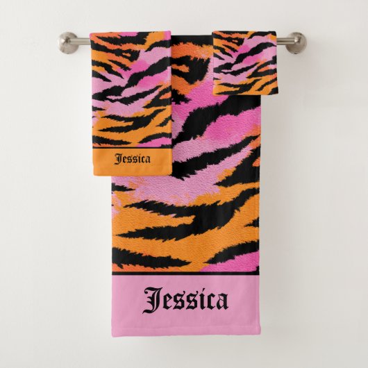 Tiger Stripes Animal Print Lavendel & Orange Name Badhandtuch Set (Insitu)