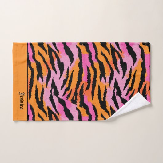 Tiger Stripes Animal Print Lavendel & Orange Name Badhandtuch Set (Handtuch)