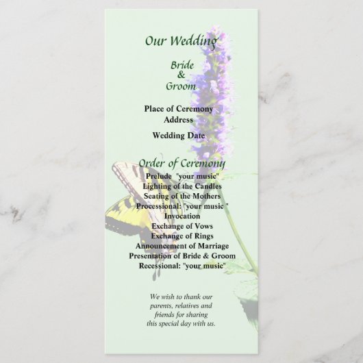 Tiger Swallowtail auf Hochzeitsprogramm mit lila S Programm (Vorderseite)