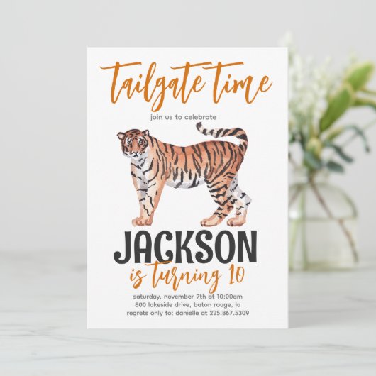 Tiger Tailgate Birthday Invite Einladung (Stehend Vorderseite)