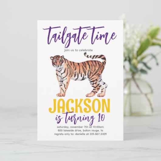 Tiger Tailgate Birthday Invite Einladung (Stehend Vorderseite)