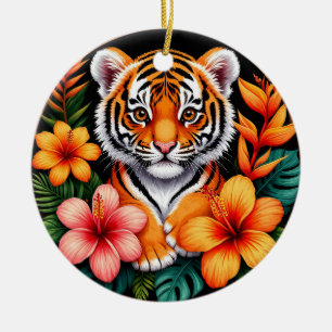Tiger umgeben von tropischen Blumen Keramik Ornament