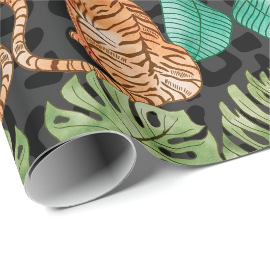 Tiger und Blätter in Aquarellfarben Nahtloses Must Geschenkpapier (Rolleneckpunkt)