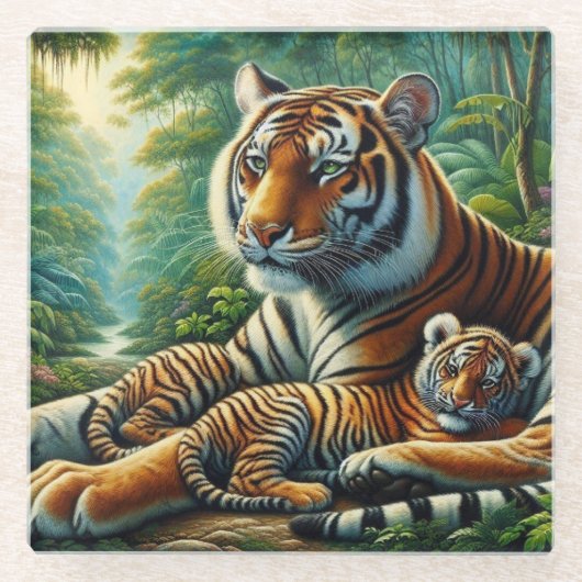 Tiger und Cube in einem üppigen Dschungel Gemälde Glasuntersetzer (Vorderseite)