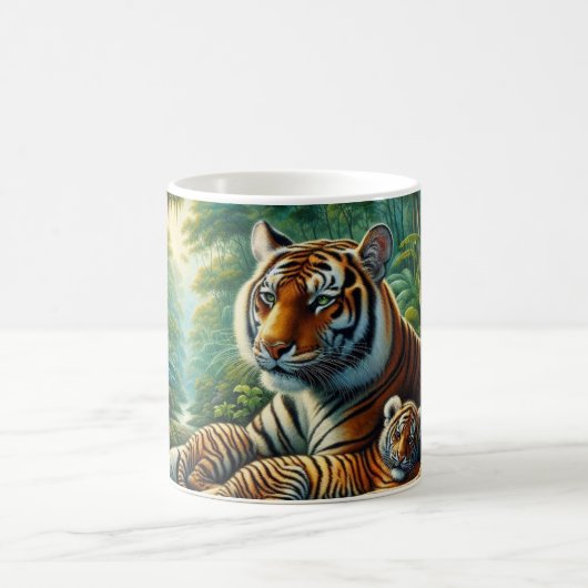 Tiger und Cube in einem üppigen Dschungel Gemälde Kaffeetasse (Mittel)