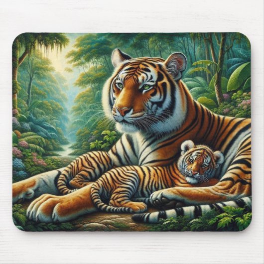Tiger und Cube in einem üppigen Dschungel Gemälde Mousepad (Vorne)