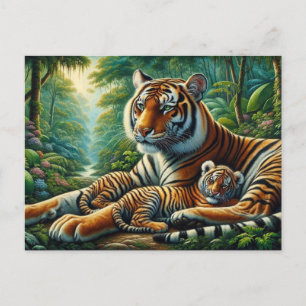 Tiger und Cube in einem üppigen Dschungel Gemälde Postkarte