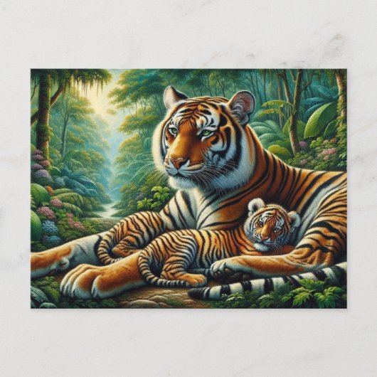 Tiger und Cube in einem üppigen Dschungel Gemälde Postkarte (Vorderseite)