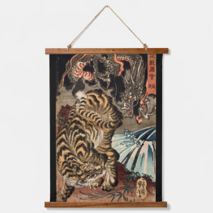 Tiger und Drache, Kuniyoshi, Ukiyo-e Wandteppich Mit Holzrahmen