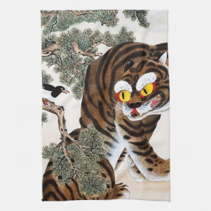 Tiger und Elster Minhwa unter der Kiefer Geschirrtuch