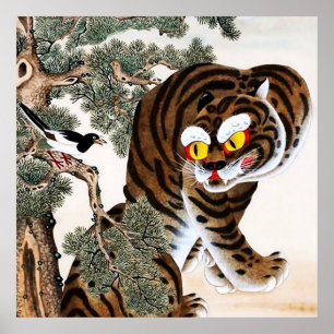 Tiger und Elster Minhwa unter der Kiefer Poster