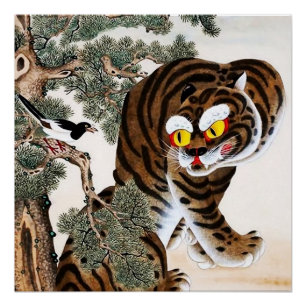 Tiger und Elster Minhwa unter der Kiefer Poster