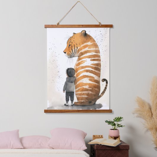 Tiger und Junge Wandteppich Mit Holzrahmen (Schlafzimmer)