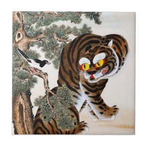 Tiger und Magpie Minhwa unter Pine Tree Fliese