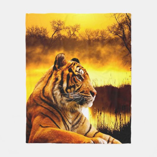 Tiger und Sonnenuntergang Fleecedecke (Vorderseite)