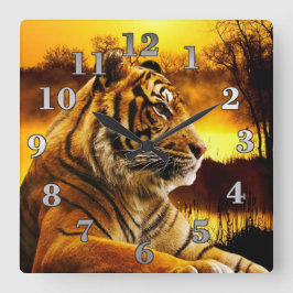 Tiger und Sonnenuntergang Quadratische Wanduhr