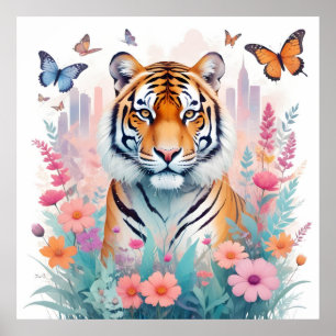 Tiger Vintage Natur-Wald Dschungel-Blume Poster