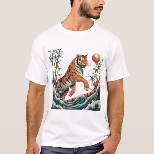 Tiger Wave Art - Ukiyo-e Bamboo Sunset Design T-Shirt (Vorderseite)