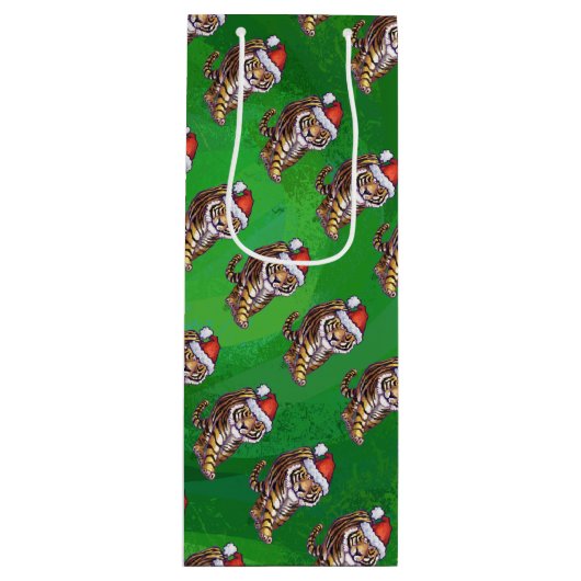 Tiger Weihnachten auf Grün Geschenktüte Für Weinflaschen (Vorderseite)