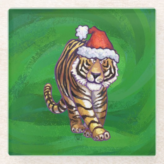Tiger Weihnachten auf Grün Glasuntersetzer (Vorderseite)