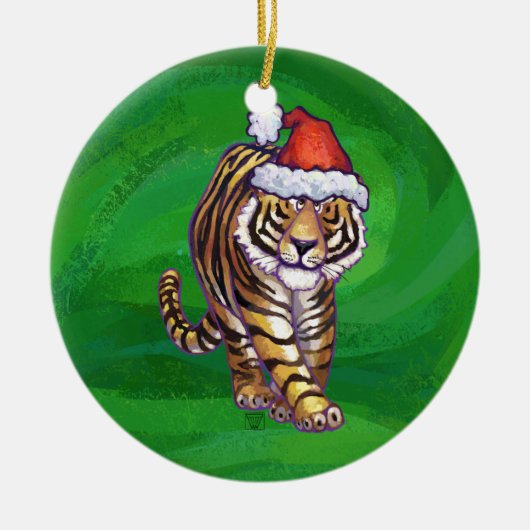 Tiger Weihnachten auf Grün Keramikornament (Vorne)