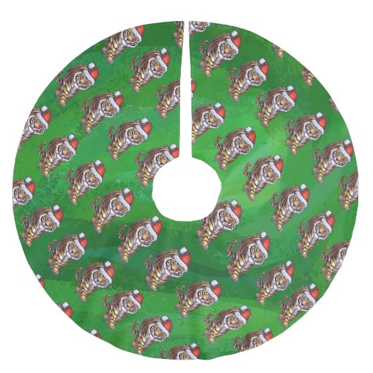 Tiger Weihnachten auf Grün Polyester Weihnachtsbaumdecke (Vorderseite)
