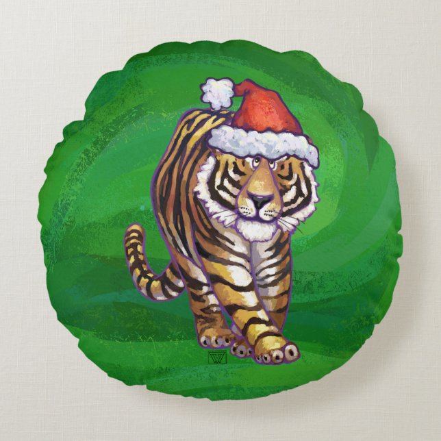 Tiger Weihnachten auf Grün Rundes Kissen (Vorderseite)