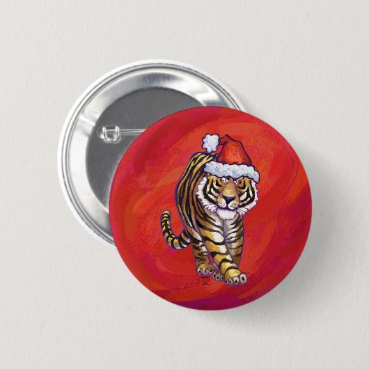 Tiger Weihnachten auf Rot Button (Vorne & Hinten)