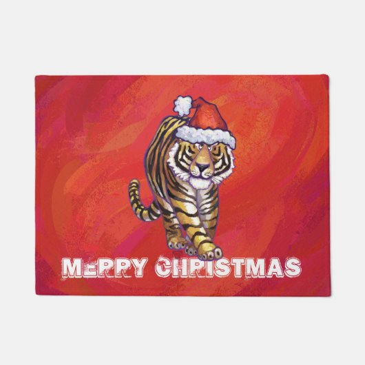 Tiger Weihnachten auf Rot Fußmatte (Vorderseite)